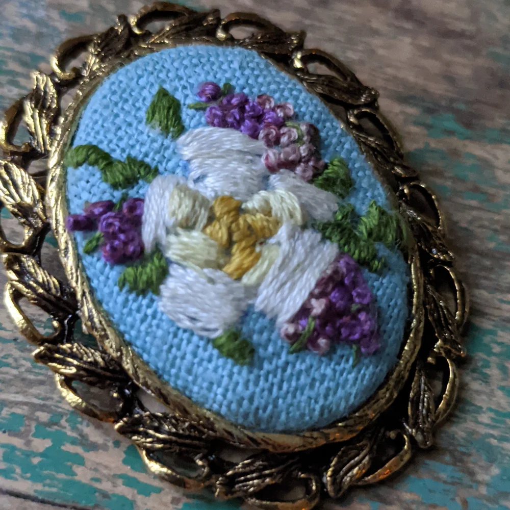 Vintage Embroidered Linen Flower Gold  Framed Coquette Brooch Pin Pendant